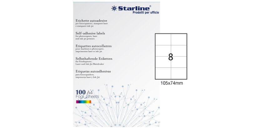 Etichette adesive - in carta - permanenti - 105 x 74 mm - 8 et/fg - 100 fogli - bianco - Starline