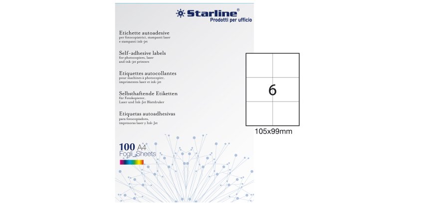 Etichette adesive - in carta - permanenti - 105 x 99 mm - 6 et/fg - 100 fogli - bianco - Starline