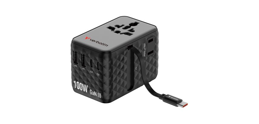 Adattatore - da viaggio universale - GaN III - con cavo USB-C retrattile - Nero - Verbatim