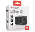 Caricabatterie - da muro - GaN - 65W - 2 porte - con cavo retrattile -Verbatim