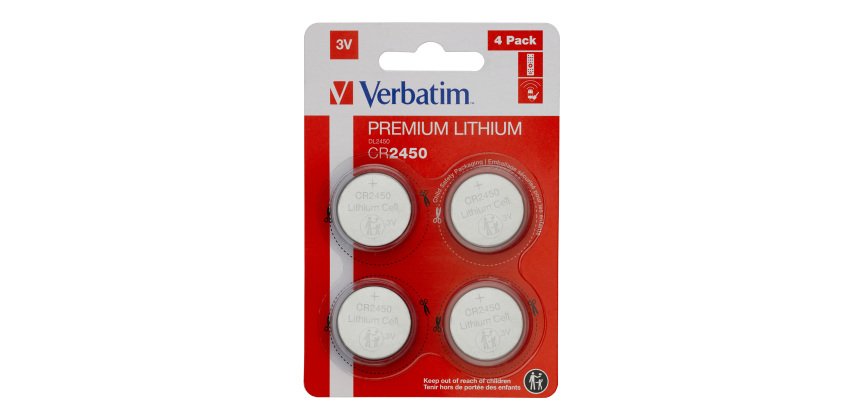 Micropile CR2450 - 3V - a pastiglia - litio - Verbatim - blister 4 pezzi