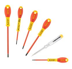 Tournevis isolés 1000 V d'électricien + Pozidriv + testeur - 6 pièces - Fatmax