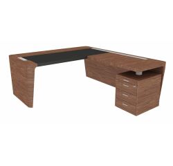 Hoekbureau Xennon L 190 x D 220 cm met bijzet op ladeblok en onderlegger in leder