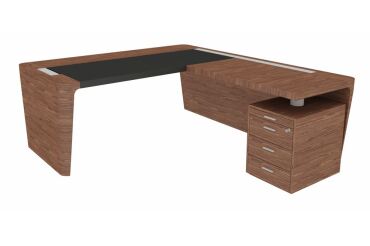 Bureau d'angle direction Xennon L.190 x P.220 avec retour sur caisson et sous-main en cuir