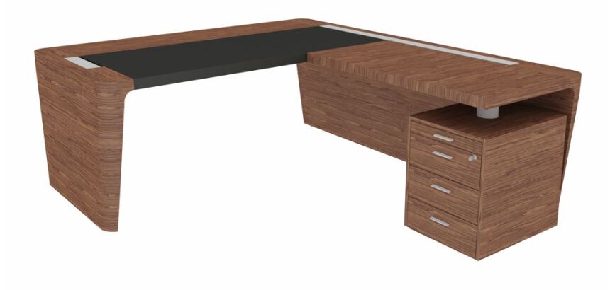 Bureau d'angle Direction Xennon finition placage bois L 190 x P 220cm avec retour sur caisson et sous-main en cuir