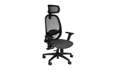 Fauteuil de bureau ergonomique NODI, tissu et maille, avec accoudoirs 3D et appui-tête, mécanisme synchrone, pieds noirs