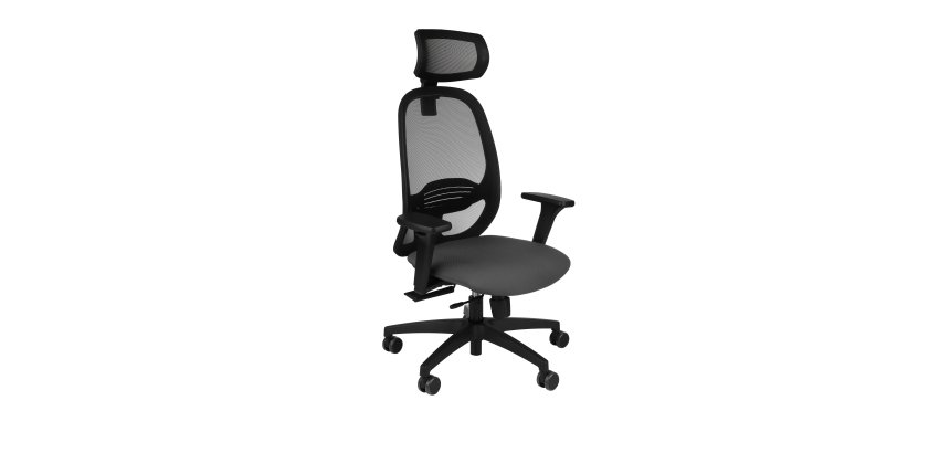 Fauteuil de bureau ergonomique NODI, tissu et maille, avec accoudoirs 3D et appui-tête, mécanisme synchrone, pieds noirs