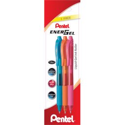 Bolígrafo Energel retráctil Pentel - Blister de 3 color  naranja, rosa y azul claro.