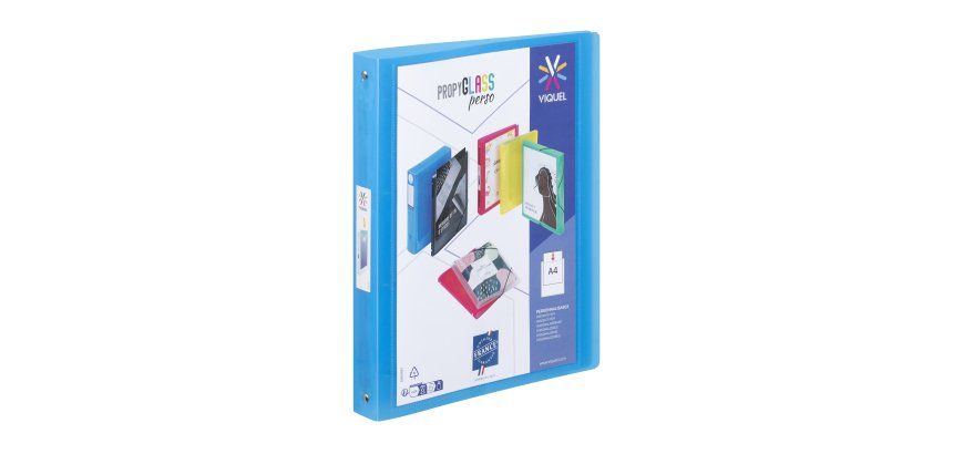 Classeur 4 anneaux plastifié Viquel Propyglass personnalisable A4 Dos 3,5 cm bleu