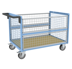Chariot conteneur grillagé sans toit plateau bois médium 500 kg 1200 x 800 mm roue TPE