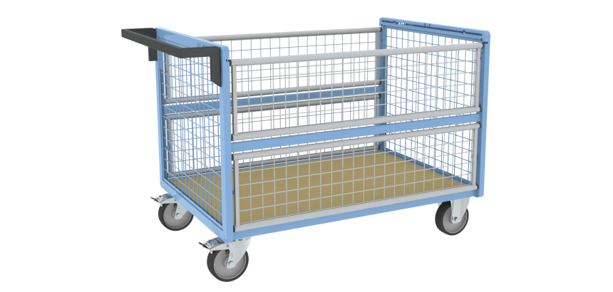 Chariot conteneur grillagé sans toit plateau bois médium 500 kg 1200 x 800 mm roue TPE