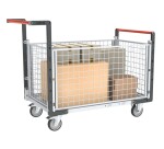 Chariot modulaire grillagé 2 dossiers + 2 ridelles plateau bois 250 kg 1000 x 600 mm roue TPE