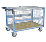 Chariot conteneur grillagé avec toit plateau bois médium 500 kg 1200 x 800 mm roue TPE