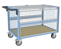 Chariot conteneur grillagé avec toit plateau bois médium 500 kg 1200 x 800 mm roue TPE