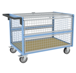 Chariot conteneur grillagé avec toit plateau bois médium 500 kg 1200 x 800 mm roue TPE