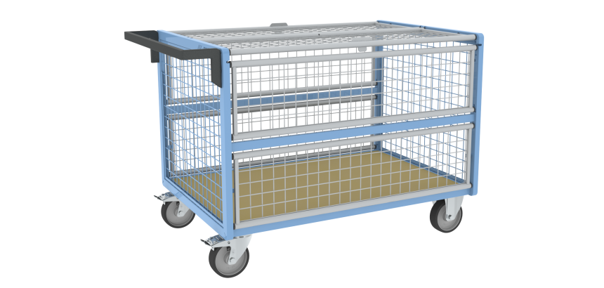 Chariot conteneur grillagé avec toit plateau bois médium 500 kg 1200 x 800 mm roue TPE