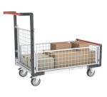 Chariot modulaire grillagé 1 dossier et 3 demi-ridelles plateau tôle galvanisée 1000 x 600 mm 250 kg