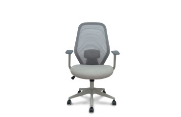 Chaise de bureau Ergo529, dossier en maille grise, assise en tissu gris, piètement gris clair, roulettes en nylon