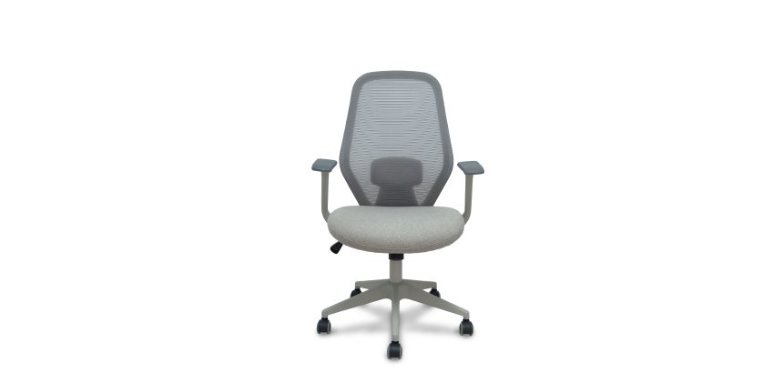Chaise de bureau Ergo529, dossier en maille grise, assise en tissu gris, piètement gris clair, roulettes en nylon