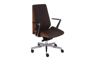 Chaise de bureau ergonomique MOON WOOD simili cuir, placage bois noyer clair, mécanisme synchrone, accoudoirs fixes, pieds en aluminium