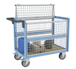 Chariot conteneur grillagé avec toit plateau bois médium 500 kg 1000 x 600 mm roue TPE