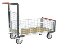 Chariot modulaire grillagé 1 dossier et 3 demi-ridelles plateau bois 1000 x 600 mm roues rectangle 500 kg