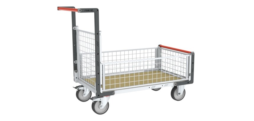 Chariot modulaire grillagé 1 dossier et 3 demi-ridelles plateau bois 1000 x 600 mm roues rectangle 500 kg