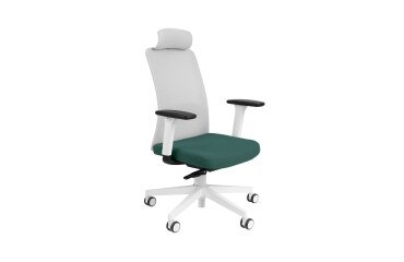 Chaise de bureau ergonomique NICO tissu et maille, avec accoudoirs 3D, appuie-tête, mécanisme synchrone + réglage profondeur d'assise, vert foncé, pieds blancs