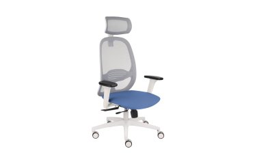 Fauteuil de bureau ergonomique NODI, tissu et maille, avec accoudoirs 3D et appui-tête, mécanisme synchrone, pieds blancs