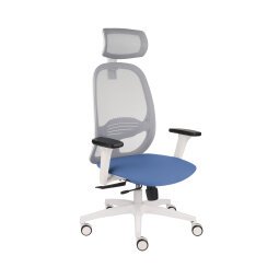 Fauteuil de bureau ergonomique NODI, tissu et maille, avec accoudoirs 3D et appui-tête, mécanisme synchrone, pieds blancs - Bleu