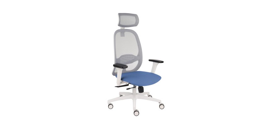 Fauteuil de bureau ergonomique NODI, tissu et maille, avec accoudoirs 3D et appui-tête, mécanisme synchrone, pieds blancs