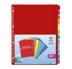 Intercalaires A4+ polypropylène coloré Viquel 12 onglets neutres multicolores fluo