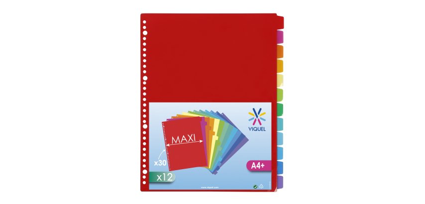 Intercalaires A4+ polypropylène coloré Viquel 12 onglets neutres multicolores fluo