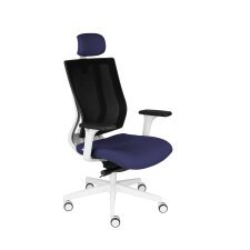 Fauteuil de bureau ergonomique MAXPRO BLANC, tissu et maille, avec accoudoirs 2D et appui-tête, mécanisme synchrone, pieds blancs - Bleu foncé