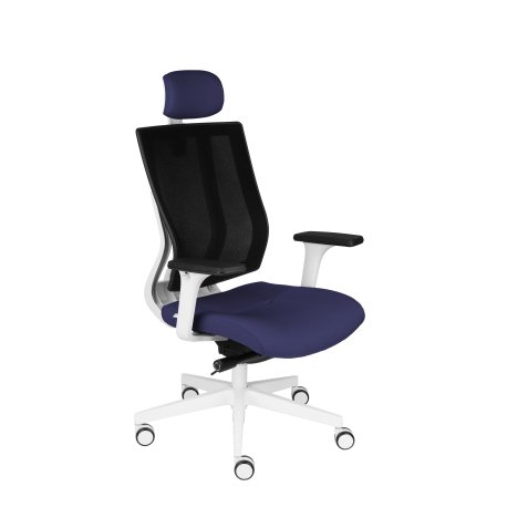 Fauteuil de bureau ergonomique MAXPRO BLANC, tissu et maille, avec accoudoirs 2D et appui-tête, mécanisme synchrone, pieds blancs