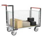 Chariot modulaire grillagé 2 dossiers + 1 ridelle plateau bois 500 kg 1000 x 600 mm roue TPE en rectangle
