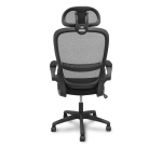 Chaise Pro525, dossier en maille noire, assise et appui-tête en tissu noir