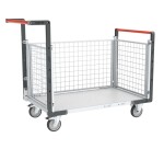 Chariot modulaire grillagé 2 dossiers + 1 ridelle plateau bois 250 kg 1000 x 600 mm roue TPE