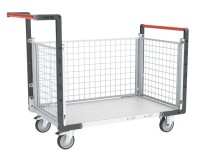 Chariot modulaire grillagé 2 dossiers + 1 ridelle plateau bois 250 kg 1000 x 600 mm roue TPE
