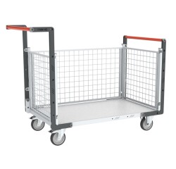 Chariot modulaire grillagé 2 dossiers + 1 ridelle plateau bois 250 kg 1000 x 600 mm roue TPE