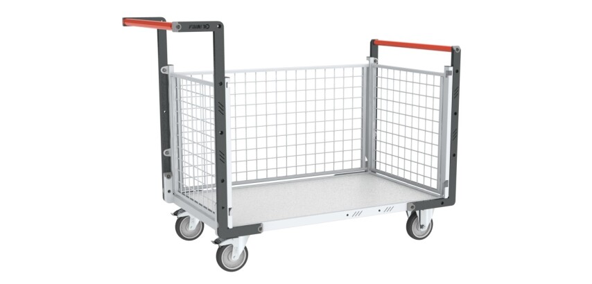 Chariot modulaire grillagé 2 dossiers + 1 ridelle plateau bois 250 kg 1000 x 600 mm roue TPE