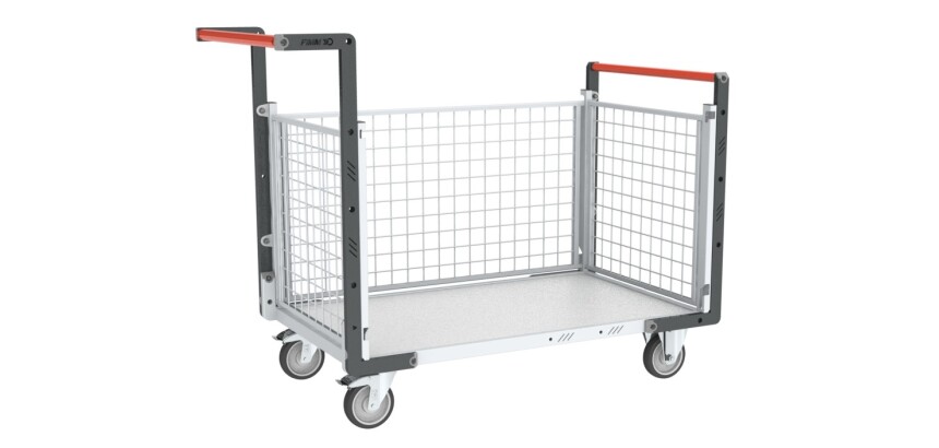 Chariot modulaire grillagé 2 dossiers + 1 ridelle plateau bois 250 kg 1000 x 600 mm roue TPE