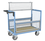 Chariot conteneur grillagé avec toit plateau bois médium 500 kg 1000 x 600 mm roue TPE
