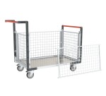 Chariot modulaire grillagé 2 dossiers + 2 ridelles plateau tôle galvanisée 250 kg 1000 x 600 mm roue TPE