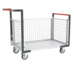 Chariot modulaire grillagé 2 dossiers + 1 ridelle plateau bois 250 kg 850 x 500 mm roue TPE