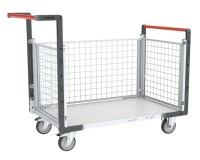 Chariot modulaire grillagé 2 dossiers + 1 ridelle plateau bois 250 kg 850 x 500 mm roue TPE
