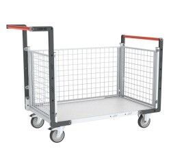 Chariot modulaire grillagé 2 dossiers + 1 ridelle plateau bois 250 kg 850 x 500 mm roue TPE