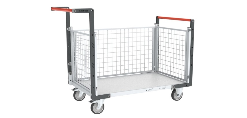 Chariot modulaire grillagé 2 dossiers + 1 ridelle plateau bois 250 kg 850 x 500 mm roue TPE