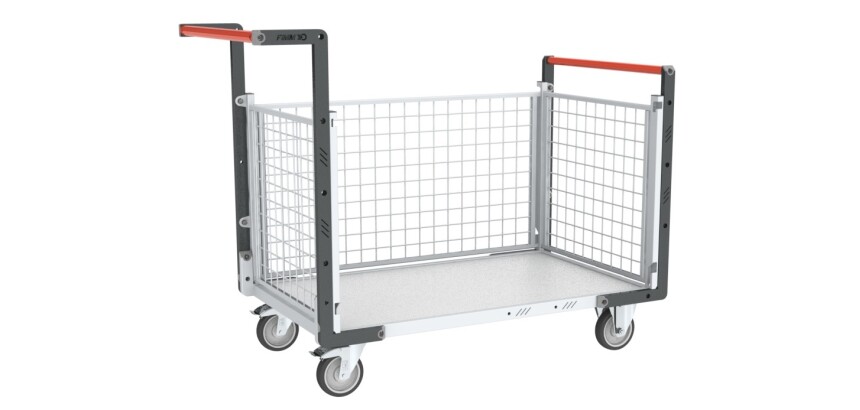 Chariot modulaire grillagé 2 dossiers + 1 ridelle plateau bois 250 kg 850 x 500 mm roue TPE
