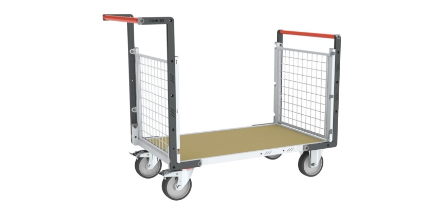 Chariot modulaire grillagé 2 dossiers plateau bois 500 kg 1200 x 800 mm roue TPE en rectangle